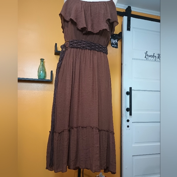 Rack 47 By Wrangler Brown Belted Spaghetti Strap Ruffle Dress Size XL - Picture 4 of 16